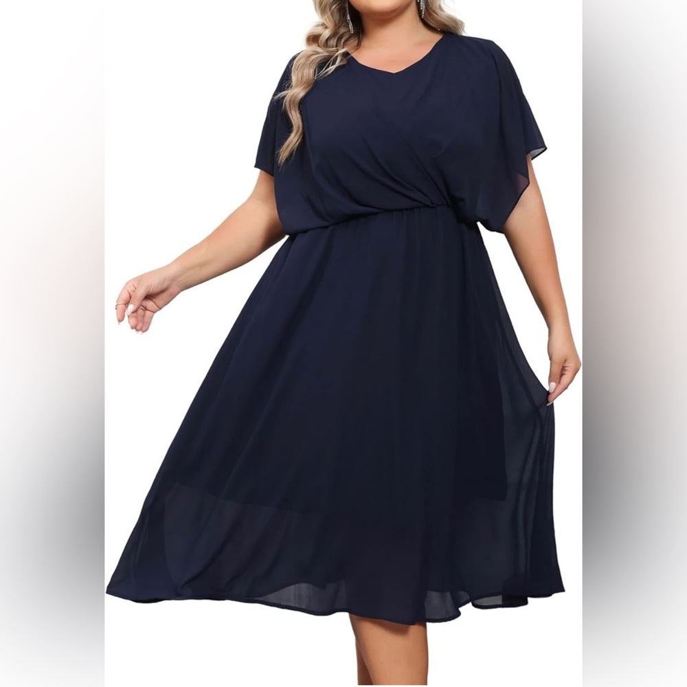 Plus Size Navy Midi Dress with V-Neck